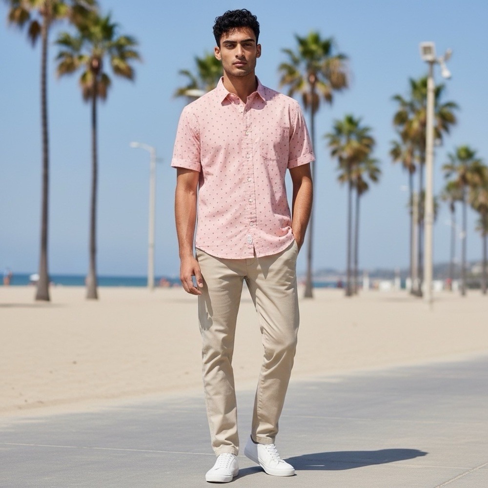 Faherty Short Sleeve Button Up Shirt Supima Cotton Men's M Pink Palm Tree Print